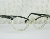 Vintage 50s Cat Eye Glasses 1960s Womens Eyeglasses Black Aluminum Browline Clear Zyl NOS 44/22 Optical Frame