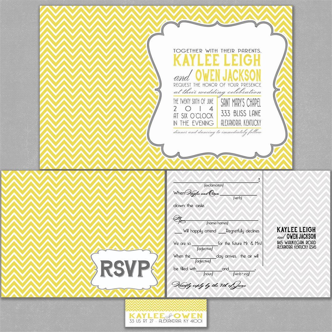 Chevron Wedding Invitation Suite in Gray and Yellow - with RSVP cards and address labels - Retro Typography
