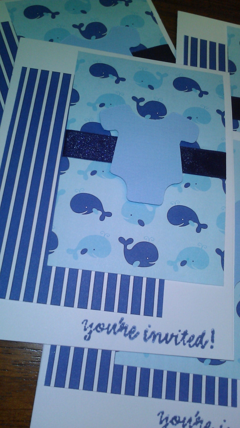 Whale Baby Shower Invites - Pale Blue Navy Blue - Thank You Cards - Note Cards