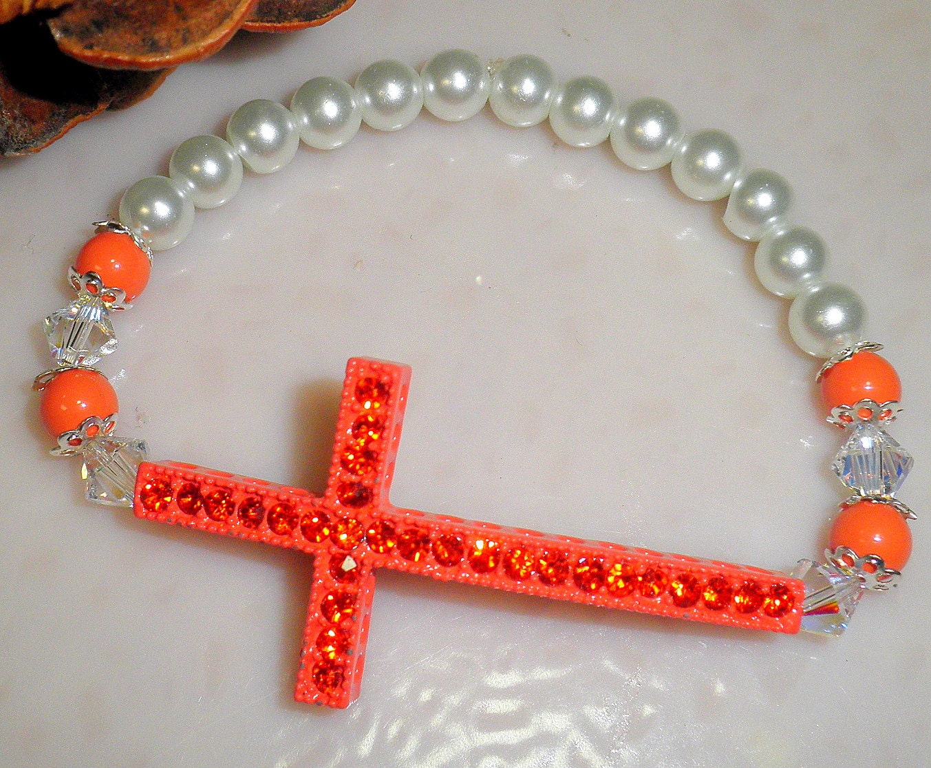 Coral Colored Crossways Stretch Bracelet