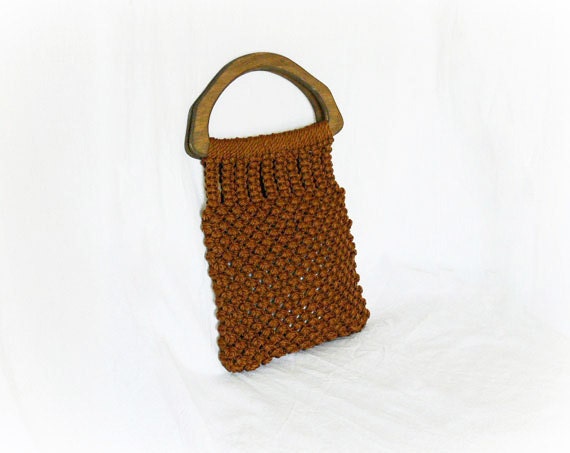 Vintage 70s Purse Handbag Brown Macrame Wood Handle