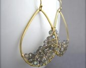 Labradorite Gold Dangle Earrings, Gray Gemstone Gold Hoop Earrings