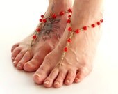 Beaded Barefoot Sandals Minimalist Bridesmaids Shoes Poppy Red Pantone Spring Colors Beach Garden Weddings Barefoot Jewelry Toe Thong