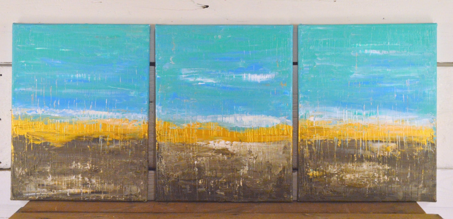 Commission, Abstract Beach Waves Teal Blue Golds Browns Textured Triptych, 18x42 Multi Panel by MyImaginationIsYours