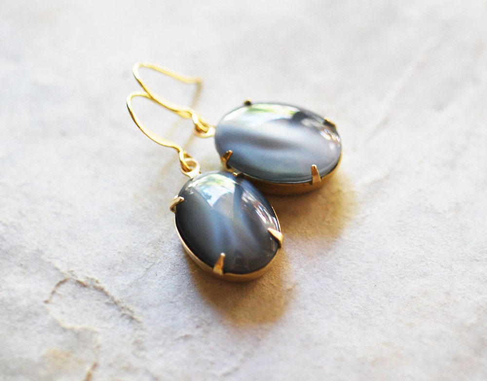 no. 142 - moon grey glass and golden brass earrings
