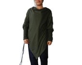 Ladies Poncho Top, Long Sleeve, Sweater, Unique Styling, Green Cotton Jersey From Thaisaket.