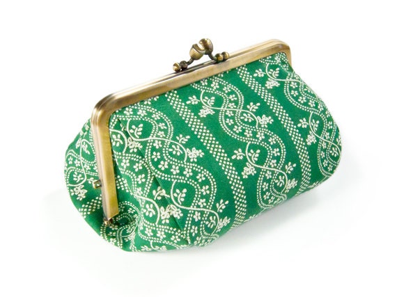 Lined Green Czech Flower Capacious Pouch