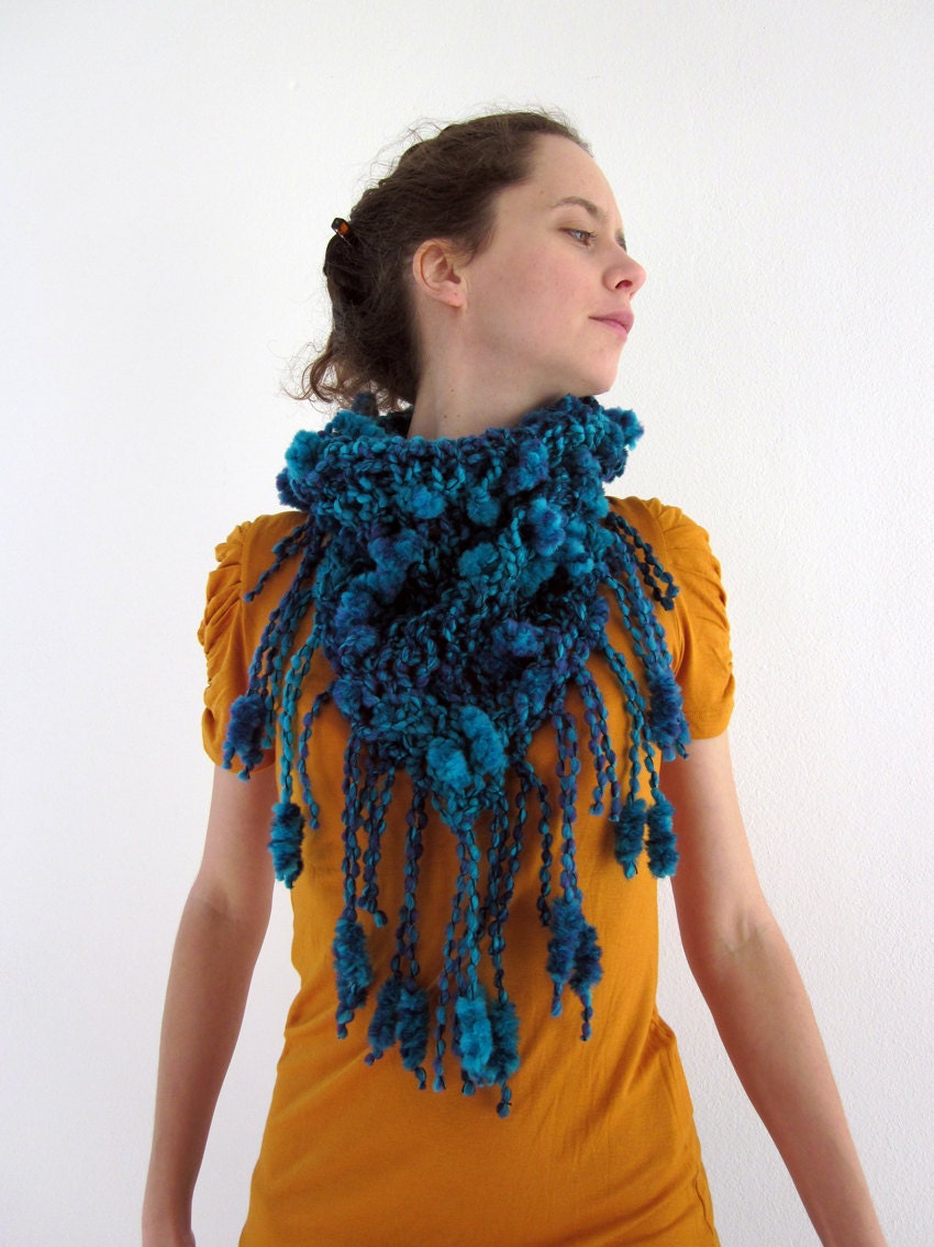 Pepe hand knit fringe cowl neck scarf in emerald green, blue