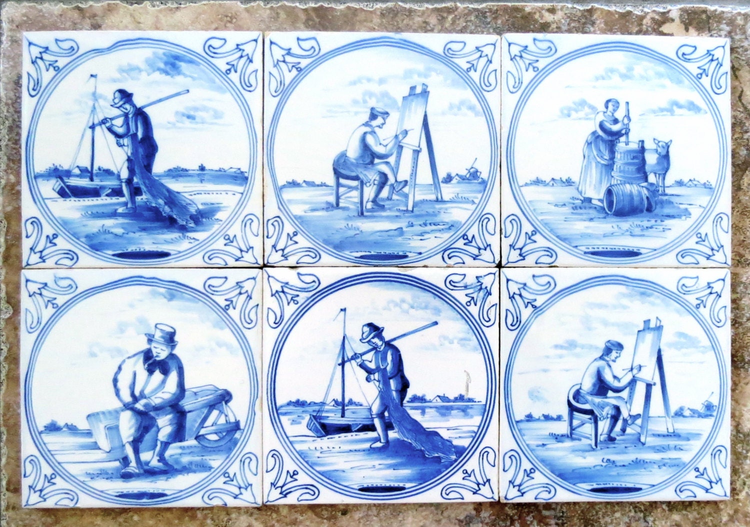 Set of Six Antique Delft Tiles Wonderful Condition Occupations Blue