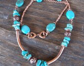 Turquoise and Copper Chain Long Necklace, free shipping, handmade jewelry for women