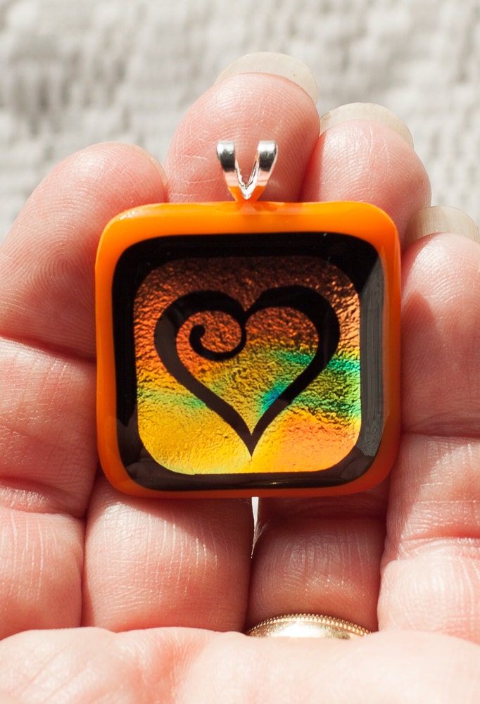 Orange Dichroic Fused Glass Heart Pendant