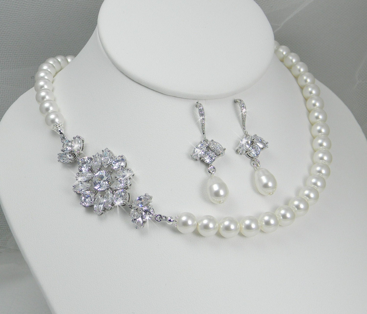 Bridal Jewelry Pearl Wedding Necklace Bridal earrings Swarovski Crystal rhinestone Swarovski Pearl, Wedding jewelry, Samantha Set