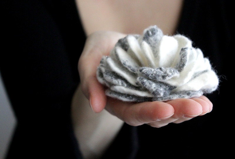 Nuno felted flower brooch white grey