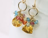Gold Citrine Earrings,Sapphire, Pink Quartz  and Blue Topaz Cluster Earrings , Gemstone Dangle Earrings