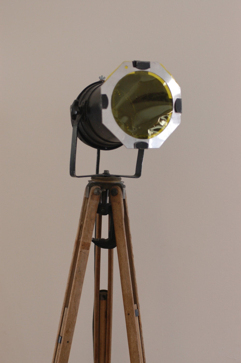 Vintage Wood Surveyor's Tripod Industrial Floor Lamp
