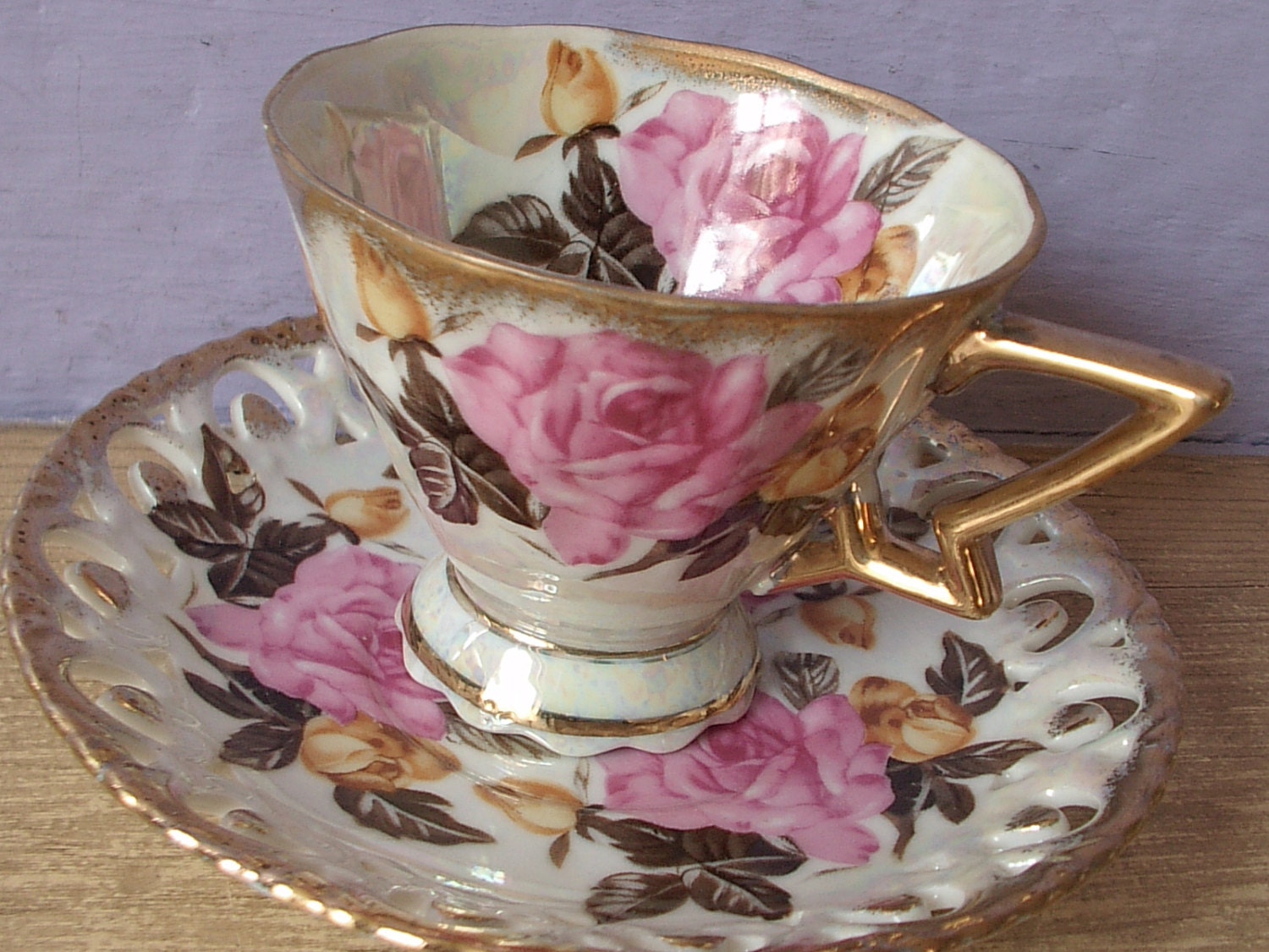 antique pink rose tea cup and saucer set, Royal Sealy Japanese tea set, pink gold lustreware tea cup, Mother's Day gift