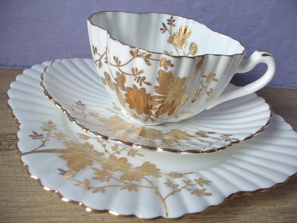 Antique Victorian English tea cup trio, vintage 1890's Foley China tea cup set, early Shelley tea cup, gold white tea cup saucer plate set