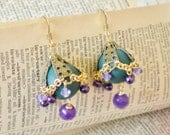 Moroccan Beaded Chandelier Earrings -Jewel Tones - Green Purple Bronze
