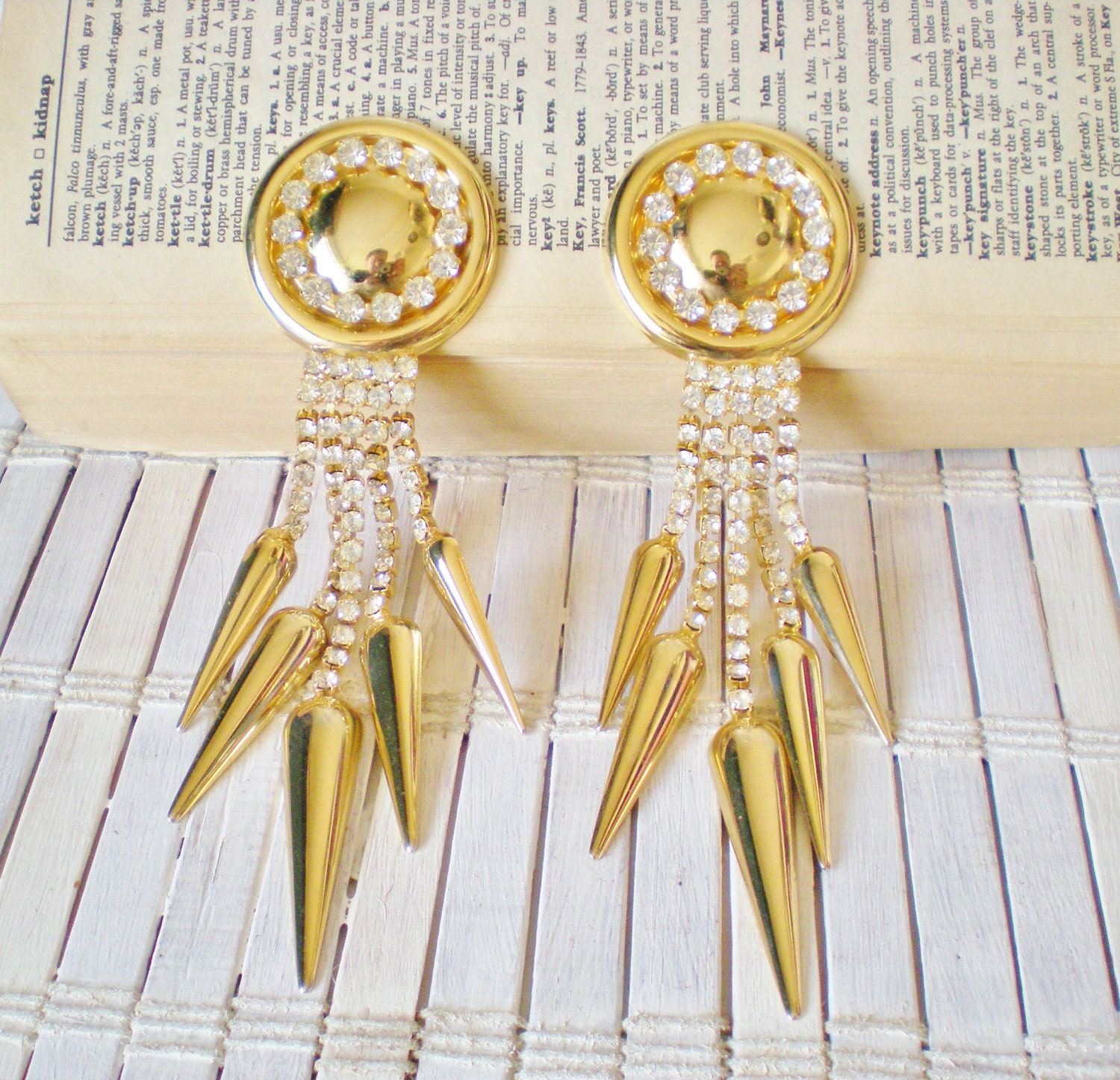 Vintage Statement Earrings / Clip on / Gold & Rhinestones