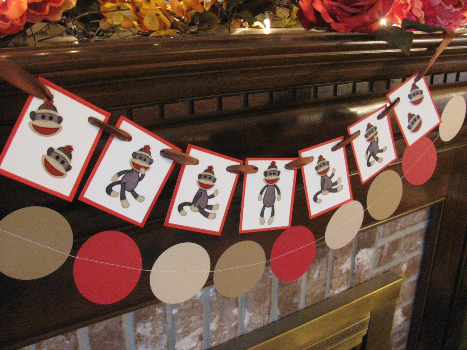 Sock Monkey MINI Garland with Matching Polka Dot Paper Garland Birthday Party or Nursery Decoration