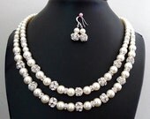 8% OFF Bridal Pearl Jewelry Set - Double Strand Pearl Necklace - Swarovski Pearls and Rhinestone Beads Earrings - Florentine II