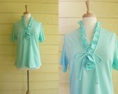 1960s Ruffle Blouse / 60s Mint Green Top / Peasant Blouse