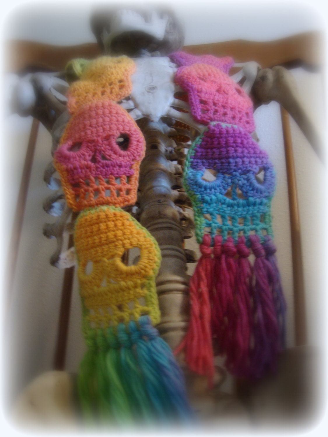 Neon Rainbow Skull Scarf With Fringe