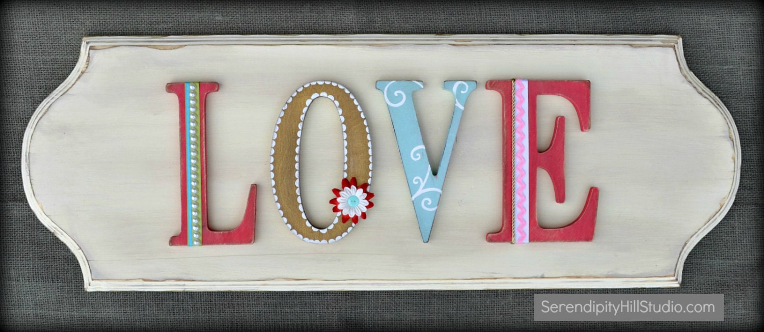3D ORIGINAL xl  LOVE wood wall letters embellished art plaque in aqua, gold, cream, pick coral shabby chic modern vintage style