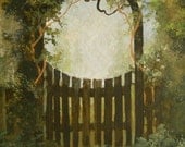 OOAK Original Painting of Garden Gate Watercolor With Hand Painted Matt Under Glass Gold Florentine Frame Home Decor Wall Hanging