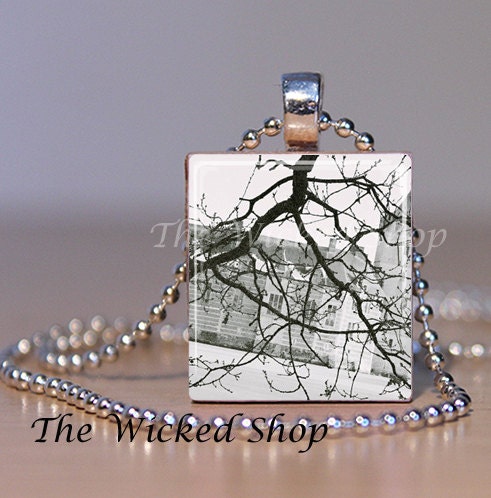 Scrabble Tile Pendant Necklace-The Old Church - Upcycled Scrabble Jewelry-Black and White (BW1) -  FREE Silver Plated Ball Chain