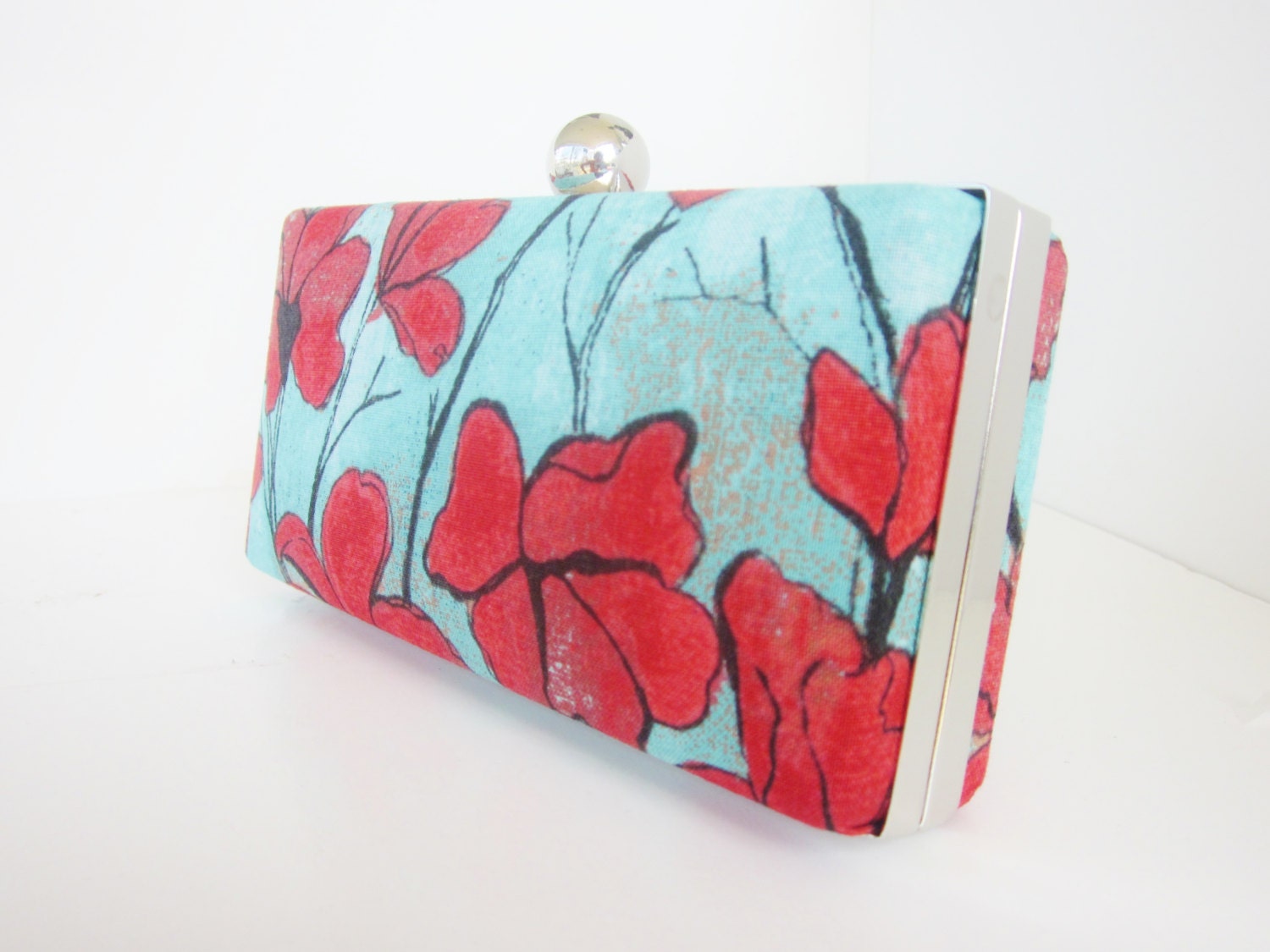 bridesmaid clutch purse, aqua and red clutch, aqua and red floral wedding clutches, minaudiere