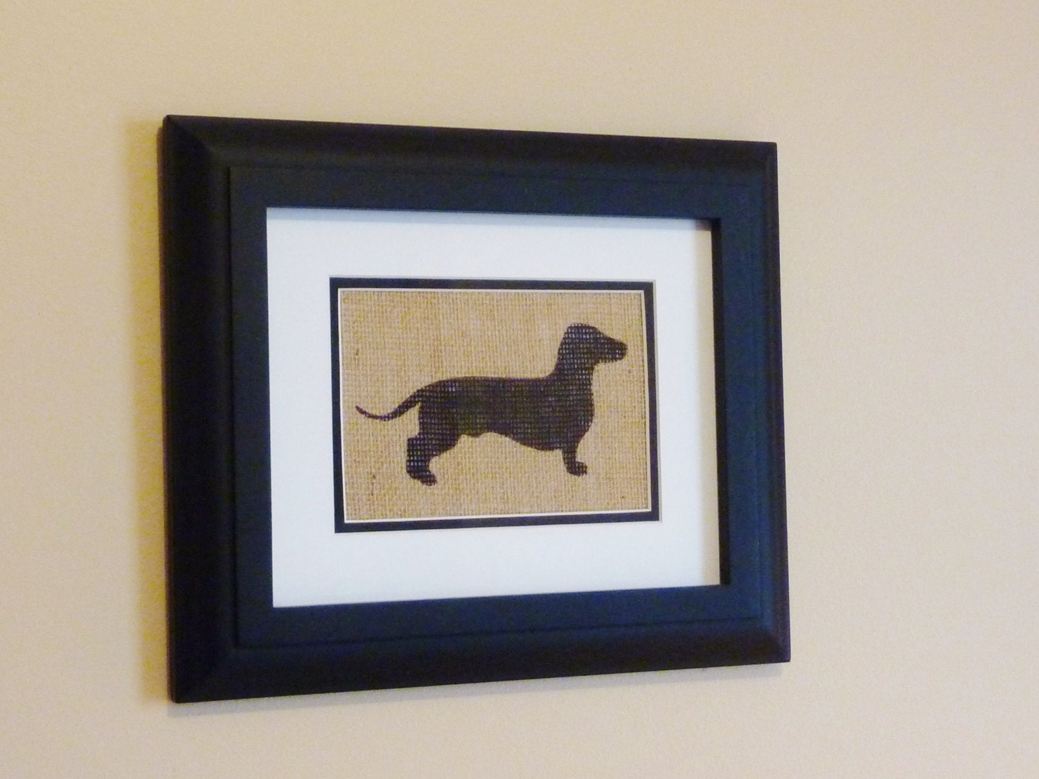 Stenciled Dachshund Silhouette Double Matted Burlap Art Print- 8x10