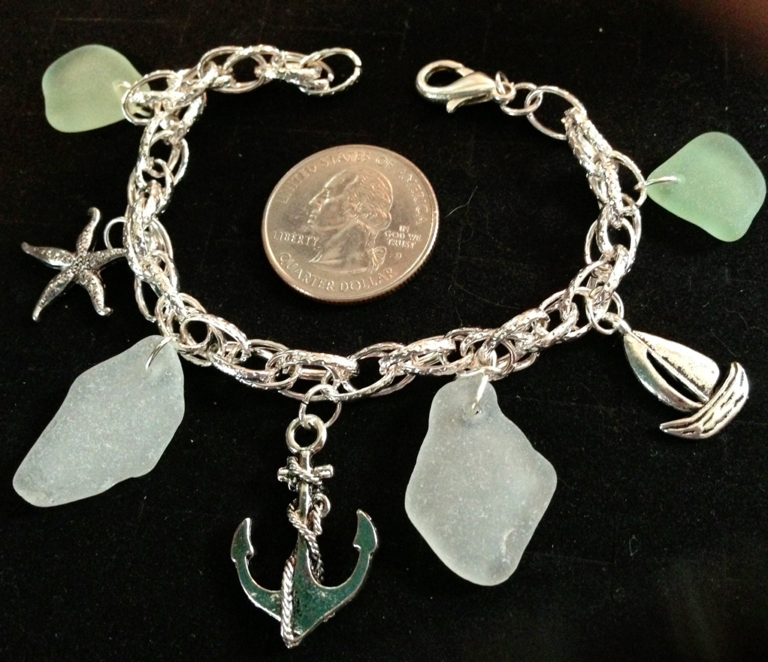 Chunky surf tumbled sea glass charm bracelet