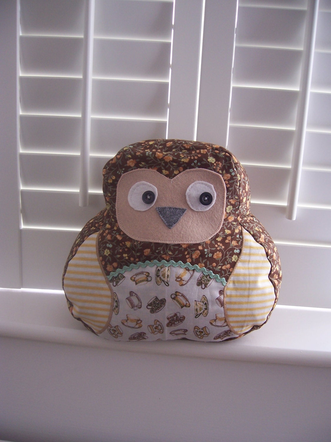 Brown Owl Cushion - Tea Cups and Flowers Fabric Lumbar Pillow