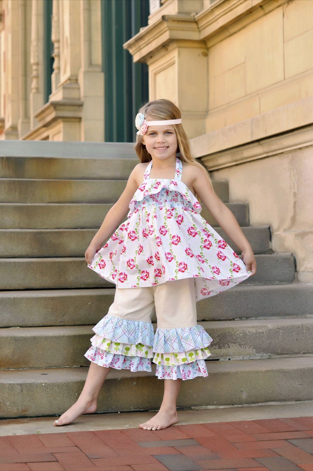 Halter Top  with Triple Ruffle Capri Set - Size 3T 4T 5T - Floral Summer Line - Girls Baby Boutique Clothing