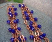 Copper Chain Earrings - Royal Blue Crystal Earrings - Long Dangle Earrings - Copper Earrings - Blue & Gold