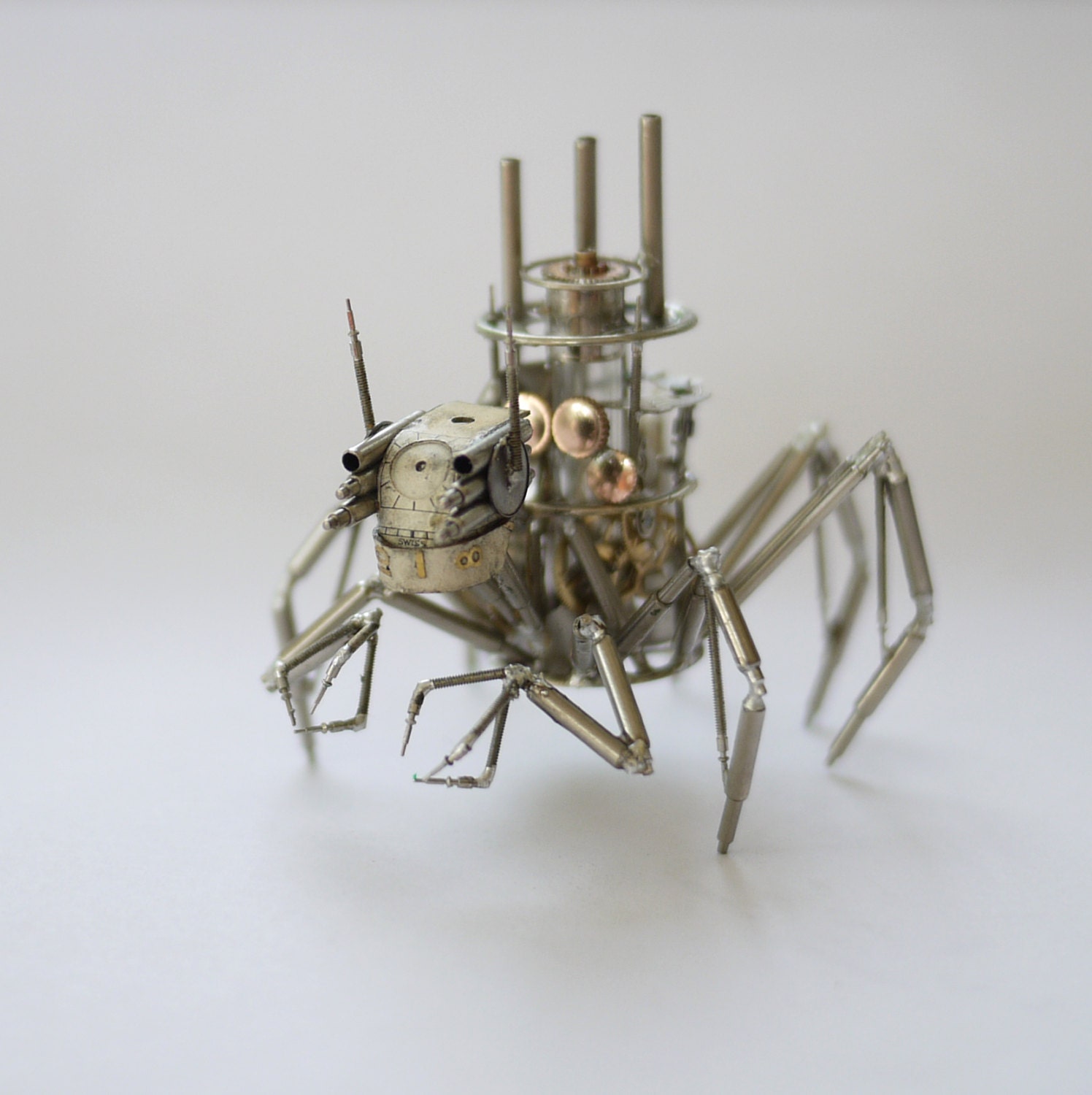 Mechanical Spider Sculpture "Arachnius Rex" Recycled Watch Parts Clockwork Arachnid Figurine Stems Lightbulb Arthropod A Mechanical Mind