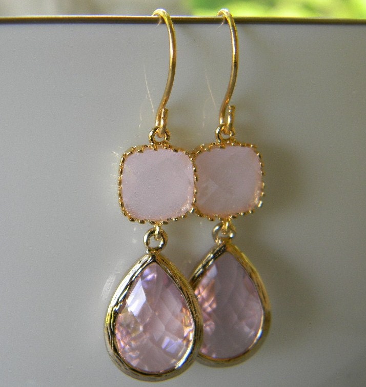 Blush Pink Earrings Pink Opal Earrings Trimmed in Gold - Bridesmaid Earrings - Bridal Earrings - Wedding