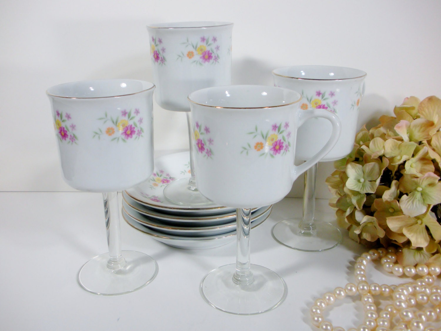 Teacup wine glass / wine glass / vintage teacups / vintage demitasse tea cups / special occasion / parties / repurposed set of 4