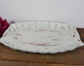 Large Decorative wooden tray / distressed ivory white / scalloped border / upcycled / shabby chic / cottage style