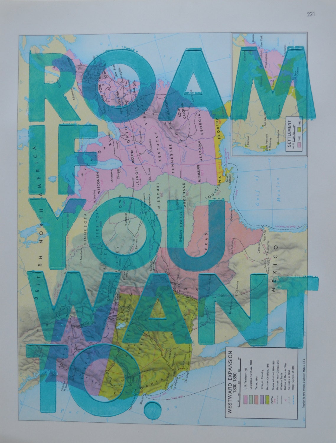 Western Expansion / Roam if You Want To / Letterpress Print on Antique Atlas Page