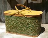 Vintage Woven Picnic Basket with Plates, Cups and Flatware