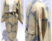 Antique Juban Kimono, Spring Floral Design. Yellow Blue Cornflower (Shop Ref: 317)