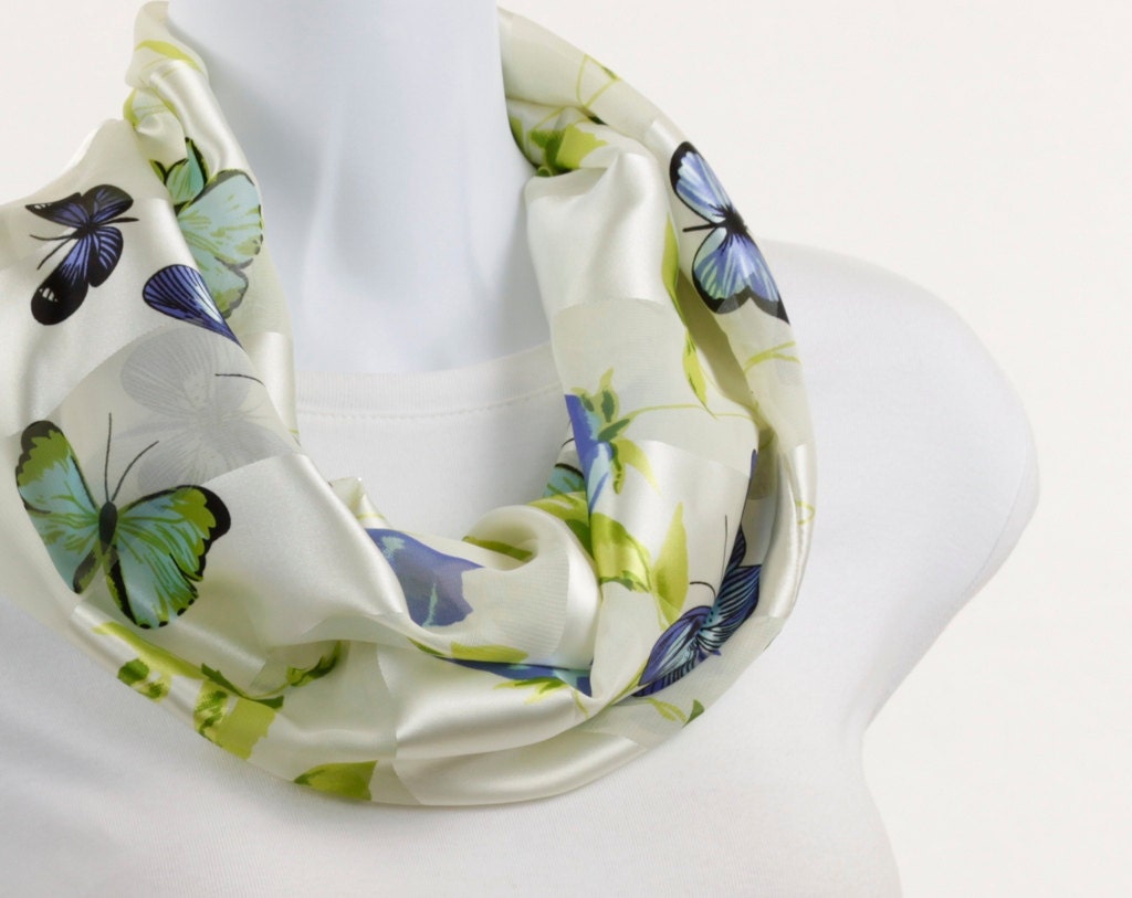 Sheer and Satin Infinity Scarf - Butterfly and Floral Design - neckStyles