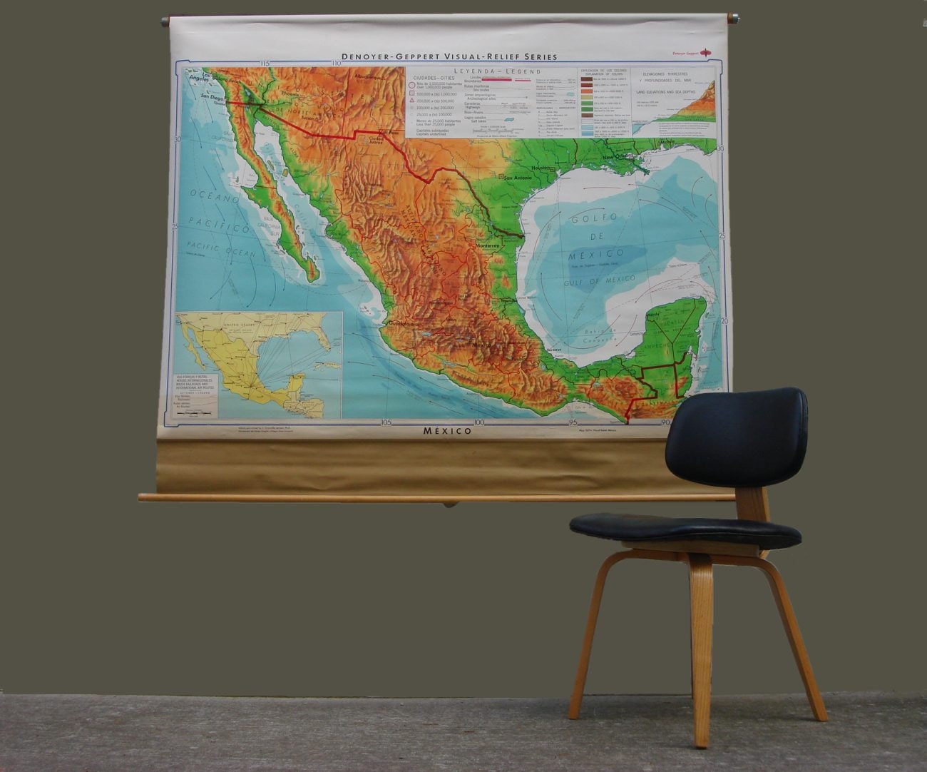 Mid Century School Map Mexico Pulldown 1960s Vintage Denoyer Geppert
