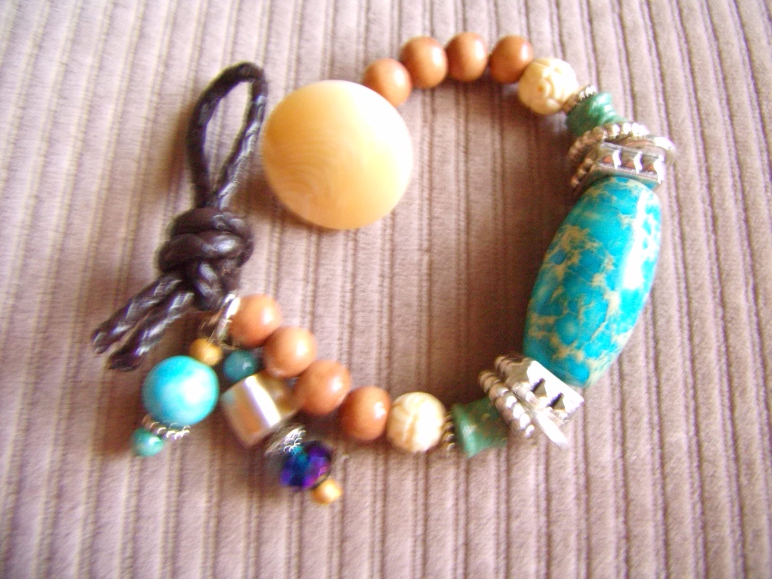 IMPRESSION JASPER Wood And Leather Button Bracelet  Turquoise Bead Natural Wooden Beads and Large Bone Colored Button and Leather Closure