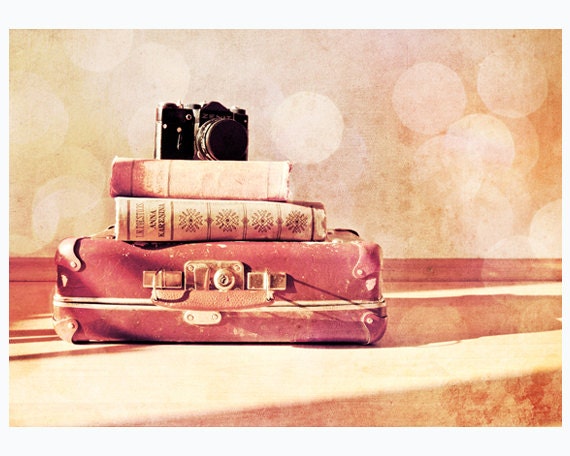 Print of vintage suitcase with old books and camera - whimsical photography - Still Life With Portmanteau - 5x7 print
