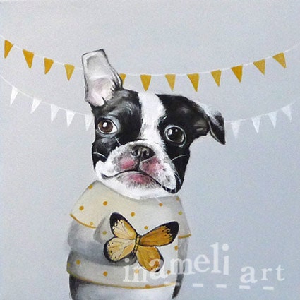 Original Acrylic Dog Portrait, Painting Bulldog Artwork , Whimsical animal illustration by inameliart