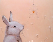 animal painting, rabbit bunny illustration, whimsical animal portrait 12 x 12 inch, playroom decor, original canvas painting by inameliart