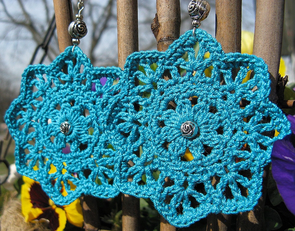 Large Light Weight Crochet Earrings in Turquoise with Rosette Beads, No. 31